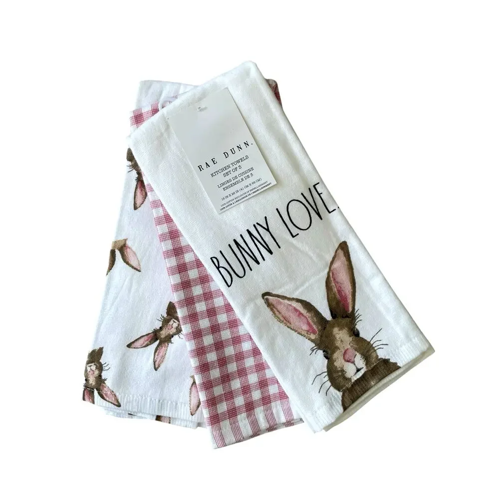 Rae Dunn Cotton Kitchen Towels BUNNY LOVE Easter Rabbit Spring Set of 3 NEW